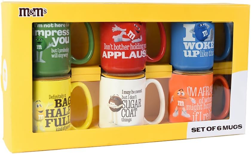 M&M’S Character Quote Mugs Gift Set of 6, Colorful Coffee or Tea Mugs, Fun Coffee Gift Set or Unique Birthday Gift