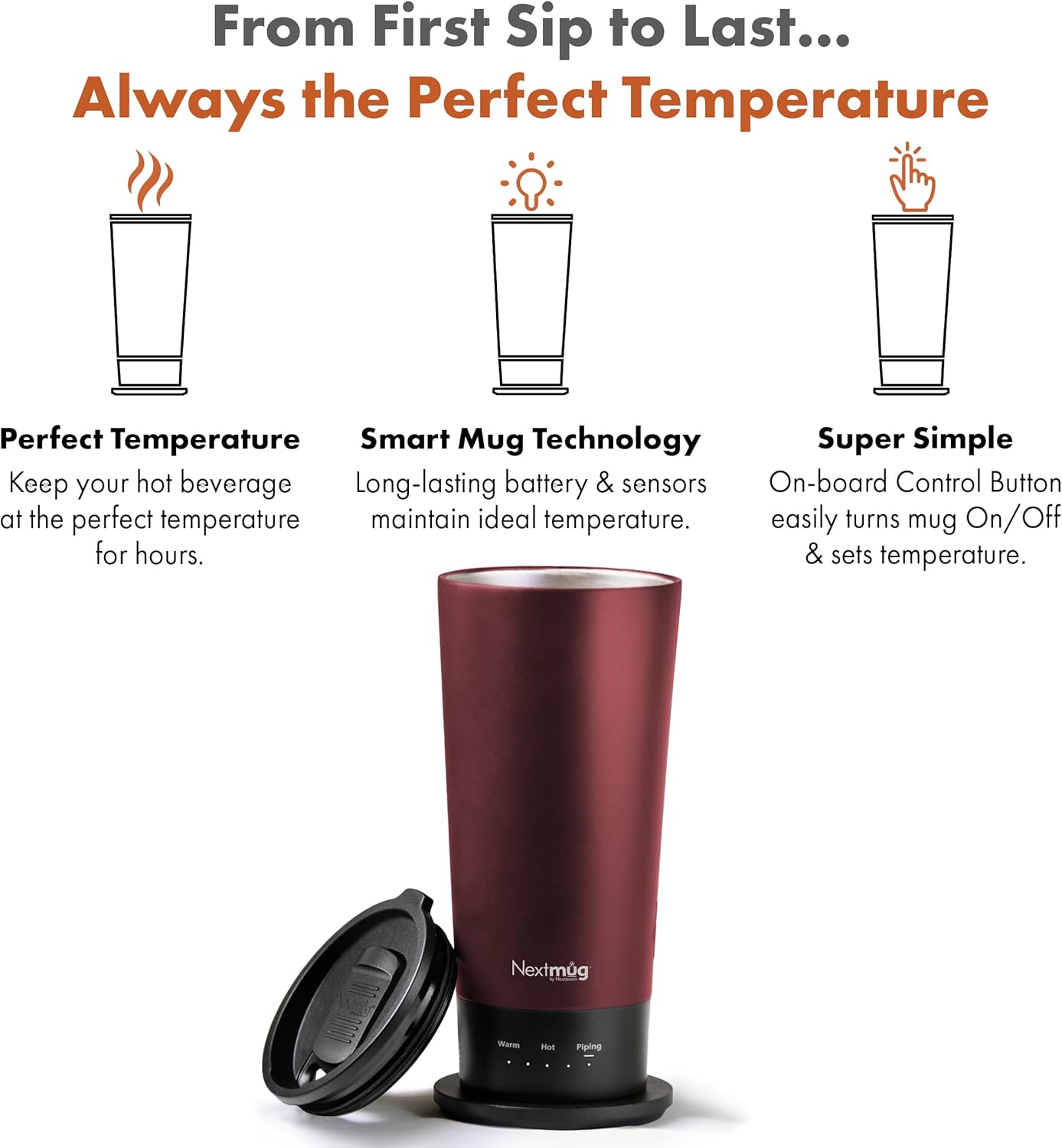 Nextmug Go - Temperature-Controlled, Self-Heating Travel Mug (Burgundy - 16 oz.)