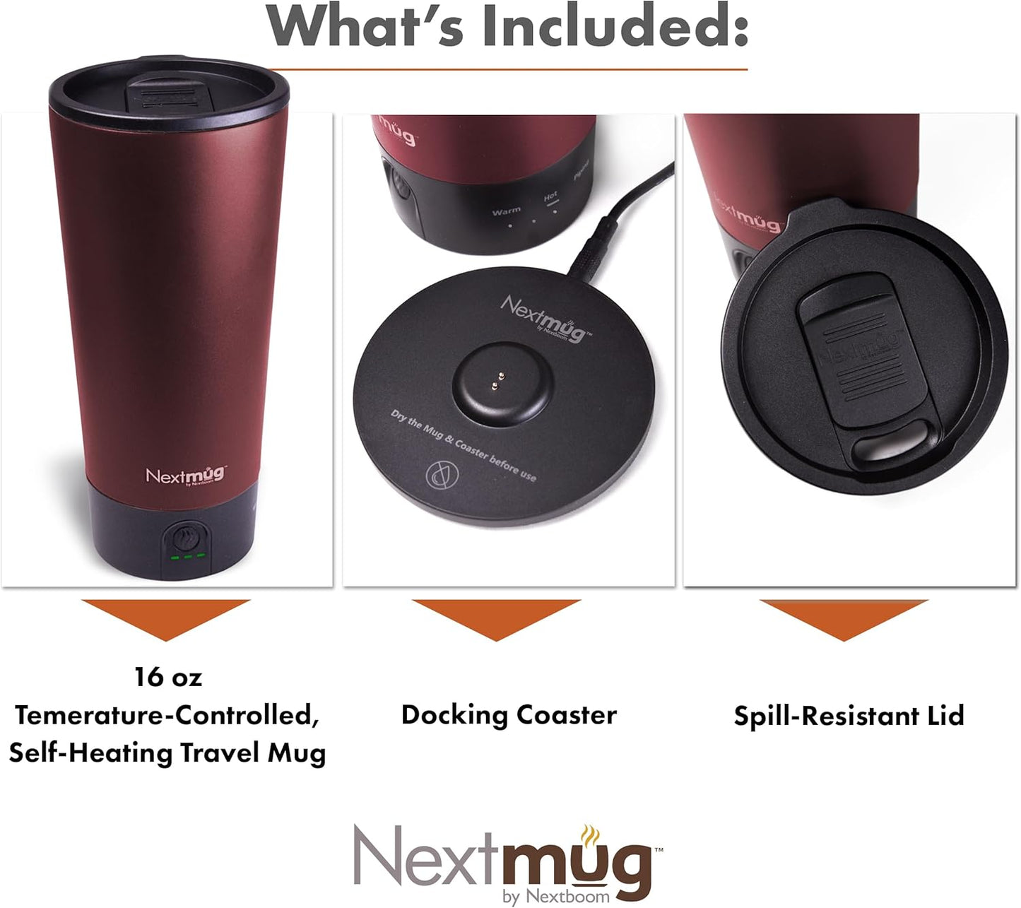 Nextmug Go - Temperature-Controlled, Self-Heating Travel Mug (Burgundy - 16 oz.)