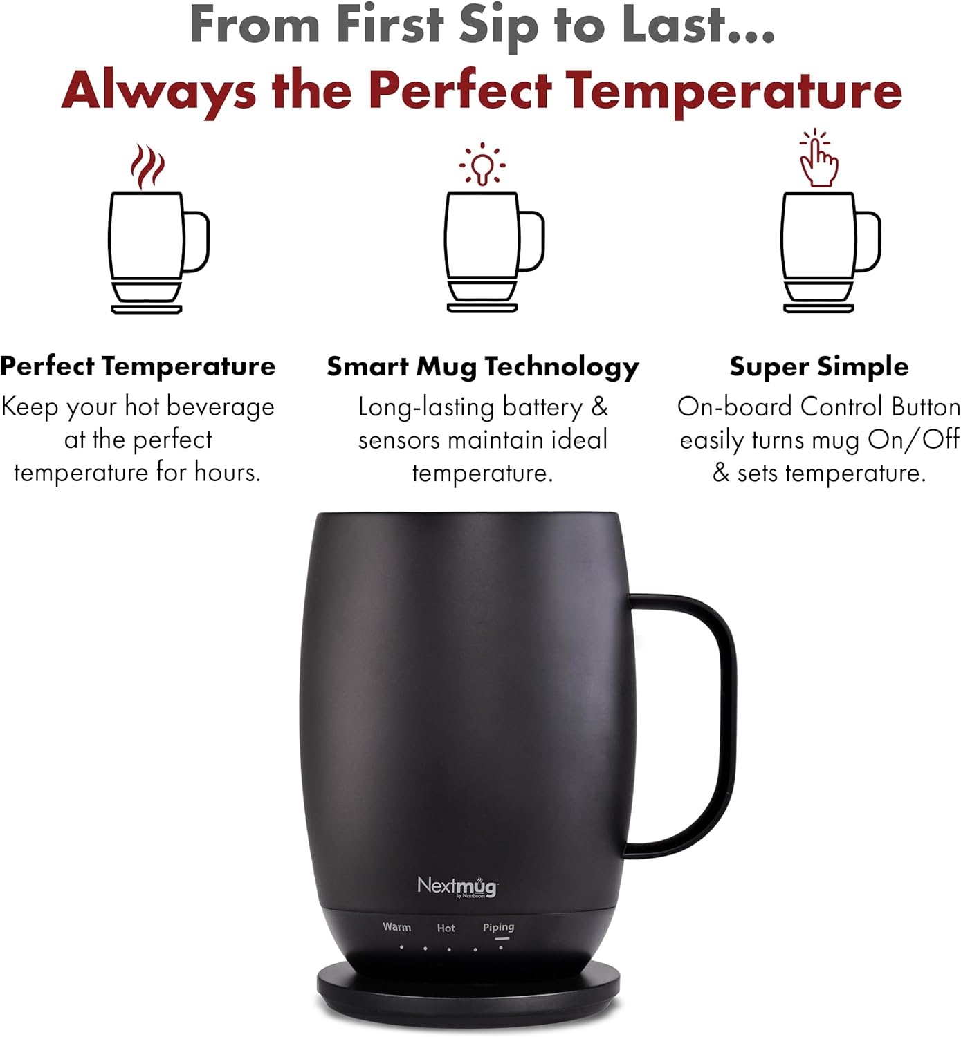 Nextmug Plus - Temperature-Controlled, Self-Heating Coffee Mug (Black - 18 oz.)