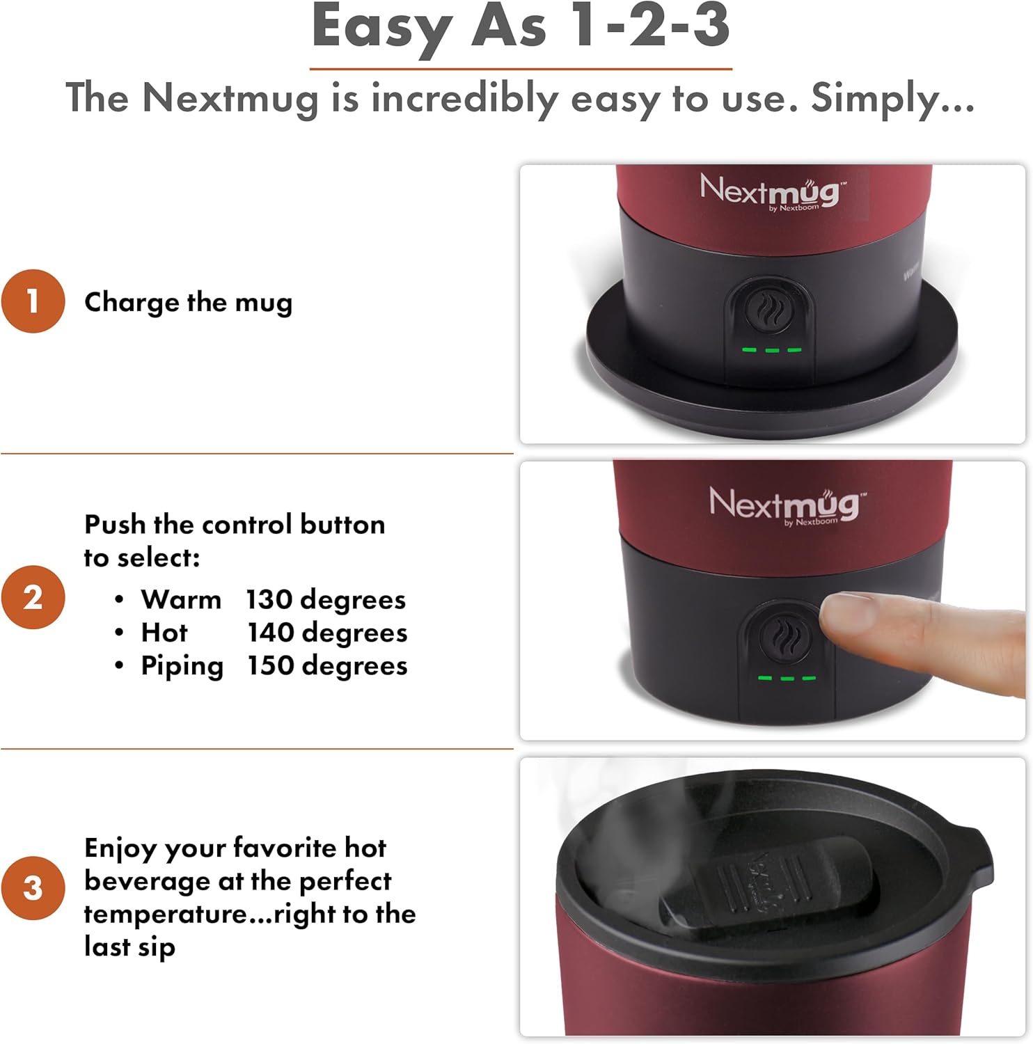 Nextmug Go - Temperature-Controlled, Self-Heating Travel Mug (Burgundy - 16 oz.)