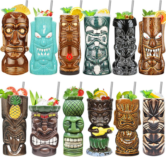 Tiki Mugs Set of 12, Ceramic Tiki Mugs for Hawaiian Party,Creative Tiki Mug Set Tiki Bar Mugs for Cocktails Glasses, Tiki Drinking Bar Decorations Premium Tropical Cups Drinks for Exotic Party 12PCS