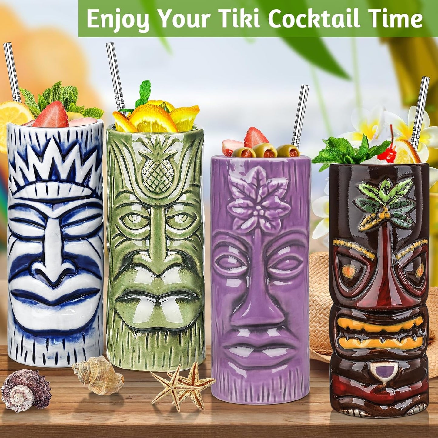 SuproBarware Tiki Mugs Set of 12 - Large Cocktail Tiki Glasses Hawaiian Party Cute Exotic Cocktail Glasses Hawaiian Ceramic Mug