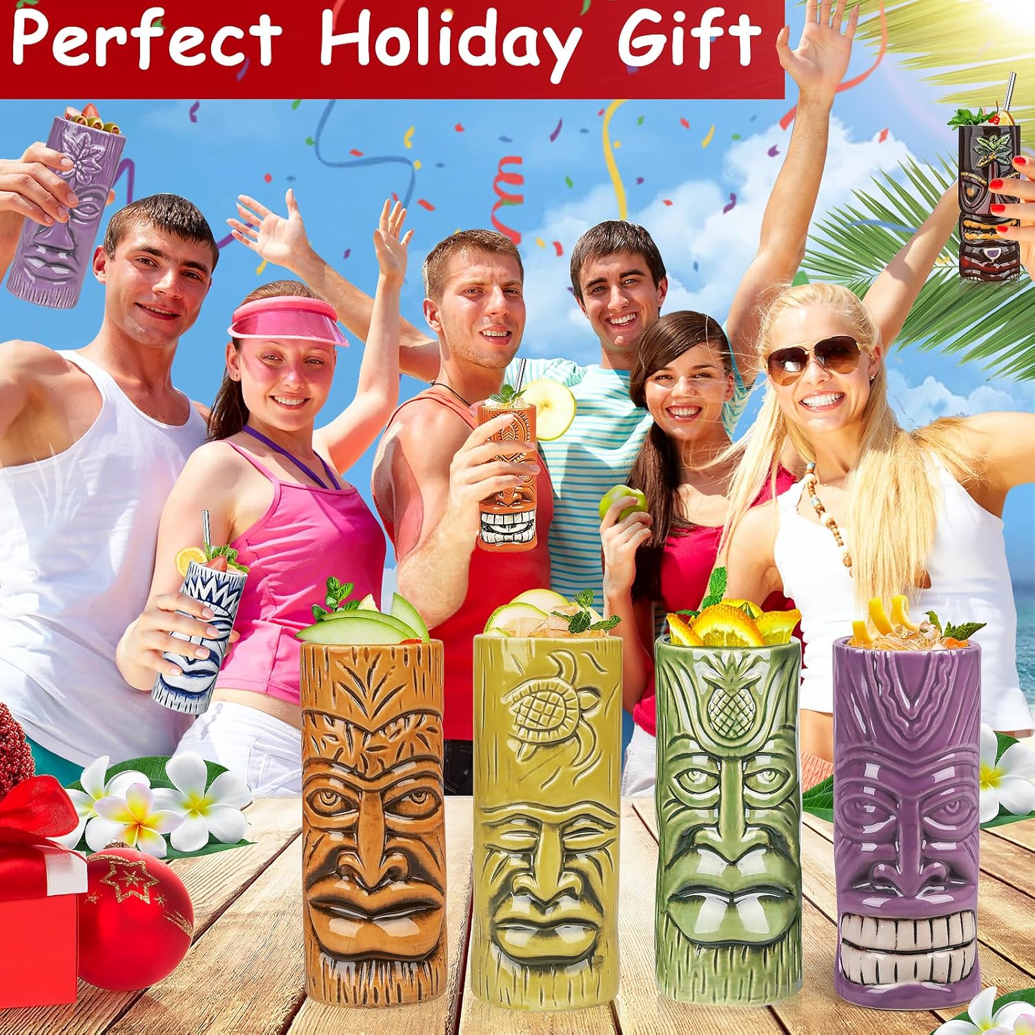 SuproBarware Tiki Mugs Set of 12 - Large Cocktail Tiki Glasses Hawaiian Party Cute Exotic Cocktail Glasses Hawaiian Ceramic Mug