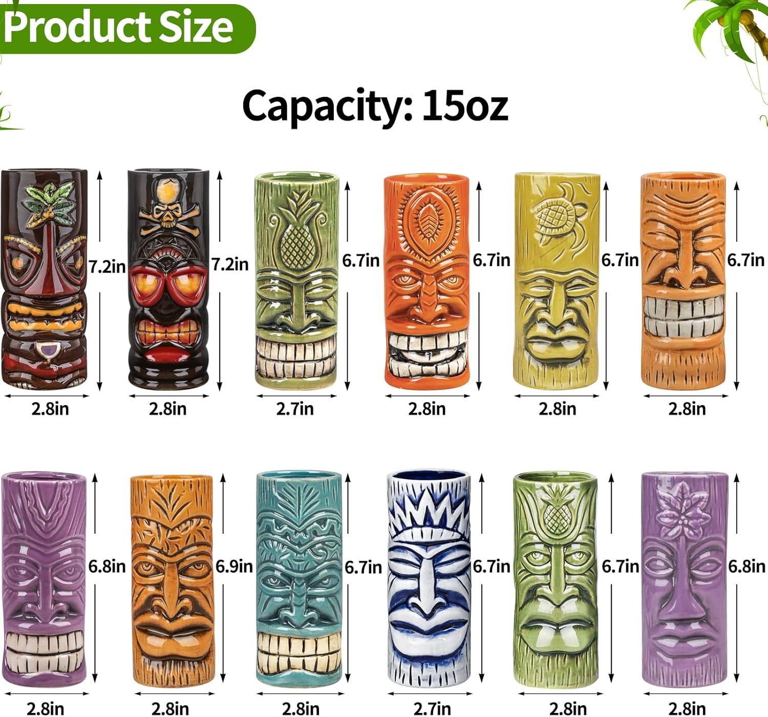 SuproBarware Tiki Mugs Set of 12 - Large Cocktail Tiki Glasses Hawaiian Party Cute Exotic Cocktail Glasses Hawaiian Ceramic Mug