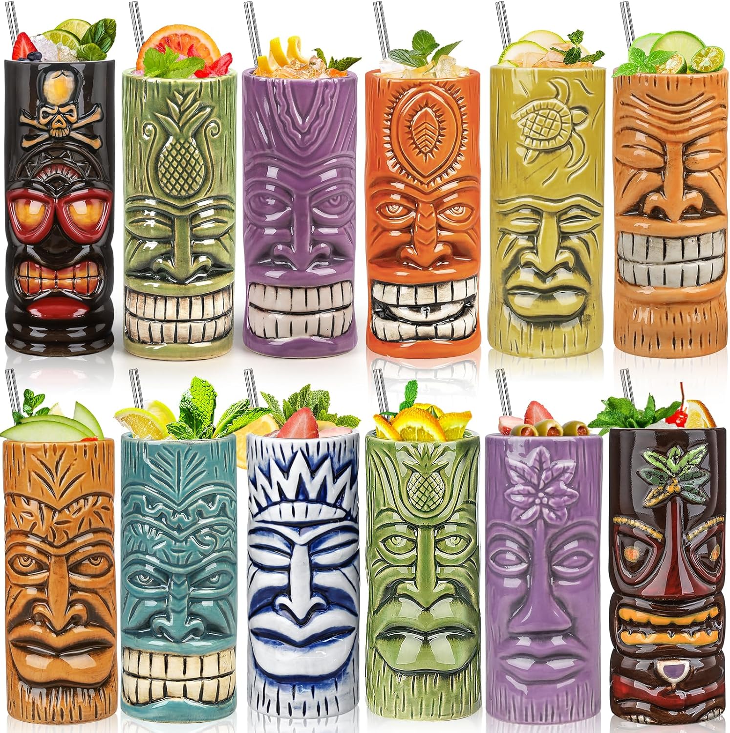 SuproBarware Tiki Mugs Set of 12 - Large Cocktail Tiki Glasses Hawaiian Party Cute Exotic Cocktail Glasses Hawaiian Ceramic Mug