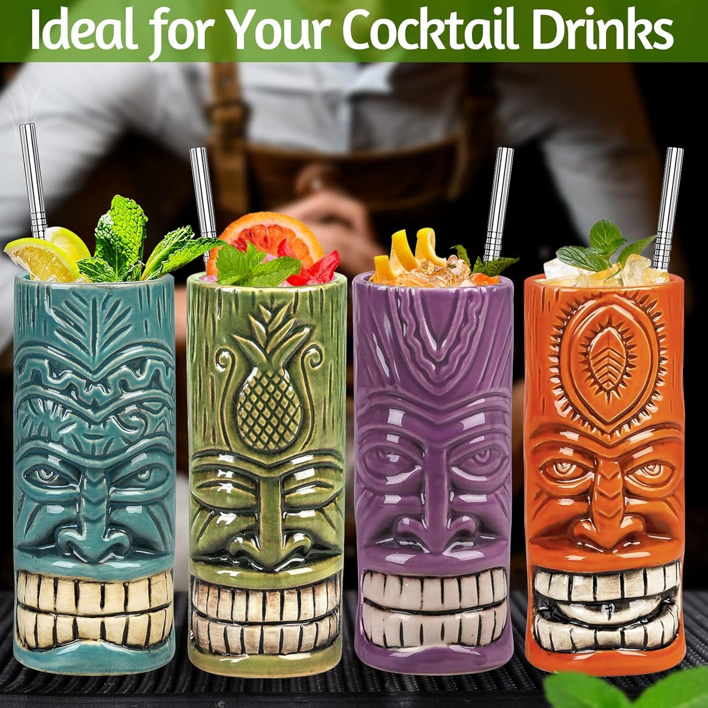 SuproBarware Tiki Mugs Set of 12 - Large Cocktail Tiki Glasses Hawaiian Party Cute Exotic Cocktail Glasses Hawaiian Ceramic Mug