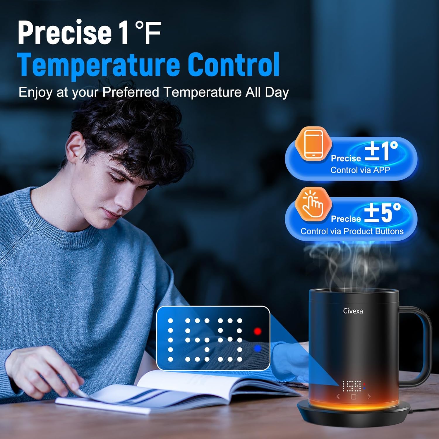 Rechargeable Self Heating Coffee Mug, Fastest Heating & Highest Temperature, 14 Oz App-Controlled Heated Coffee Mug, 1°F Precise Temperature Control Smart Mug Warmer with 150 Min Battery Life