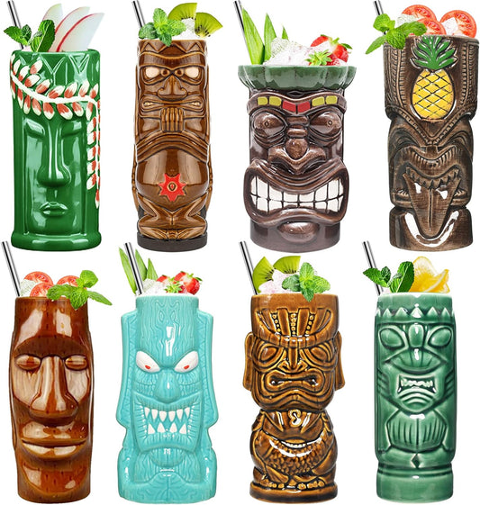 Tiki Mugs Set of 8 – Ceramic Hawaiian Party Mugs Drinkware, Tiki Bar Mugs for Cocktails, Premium Tropical Cups Drinks for Exotic Party